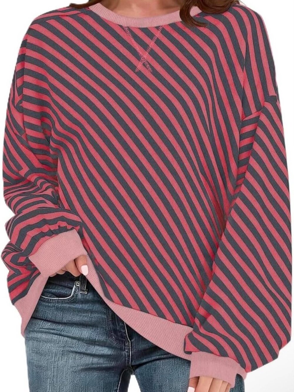 UEU 2X Gray & Pink Striped Oversized Striped Crewneck Sweatshirt 50% off